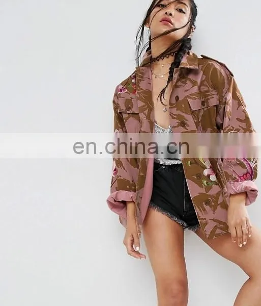Fashion Latest Design Embroidery Long Sleeve Midweight Woven Button-flap Women 100%cotton Camouflage Camo Print Jacket photo-2