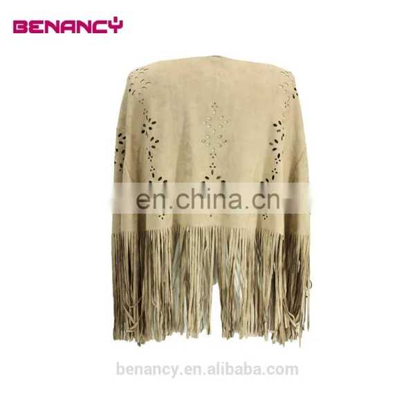 2017 Trendy Laser Cut Suede Kimono Poncho With Long Fringe photo-3
