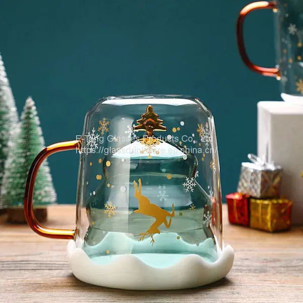 Christmas Tree Shape Double Layer Glass Coffee Cup Double Wall Glass Cup For Christmas Gift
