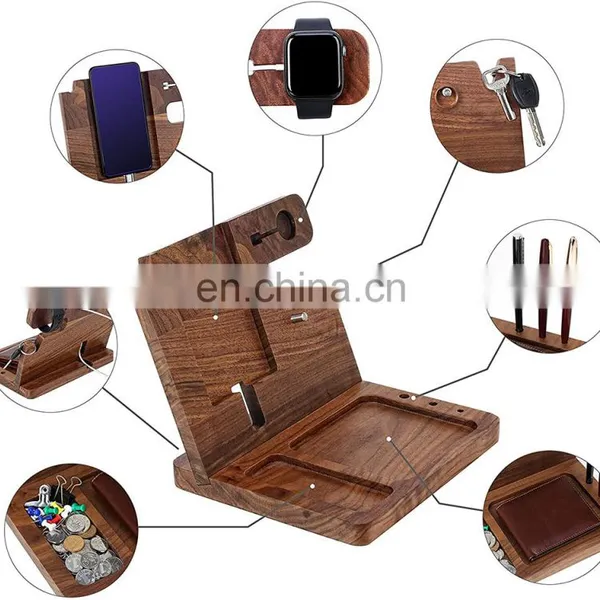 Wood Phone Docking Station - Nightstand With Key Holder, Wallet Stand and Watch Organizer Wooden Phone Stand