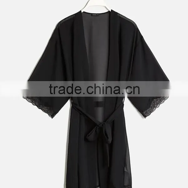 Wholesale Cheap 100% Ployester Long Sleeve Sexy Women Bride Black Sleep Bridal Chiffon Robes photo-3