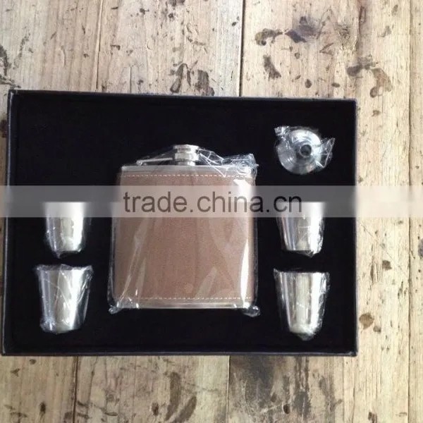 6oz Leather Wrapped Flask and 4pcs Cup and Small Funnel in Gift Box