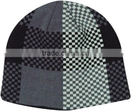 Acrylic Grey Double Layer Jacquard With Embroidery Knitted Hat