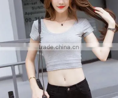 2016 Latest Fashion Sexy Women Short Sleeve High Waist Solid Color Belly Button Low Curves Slim Tight T- Shirt photo-2