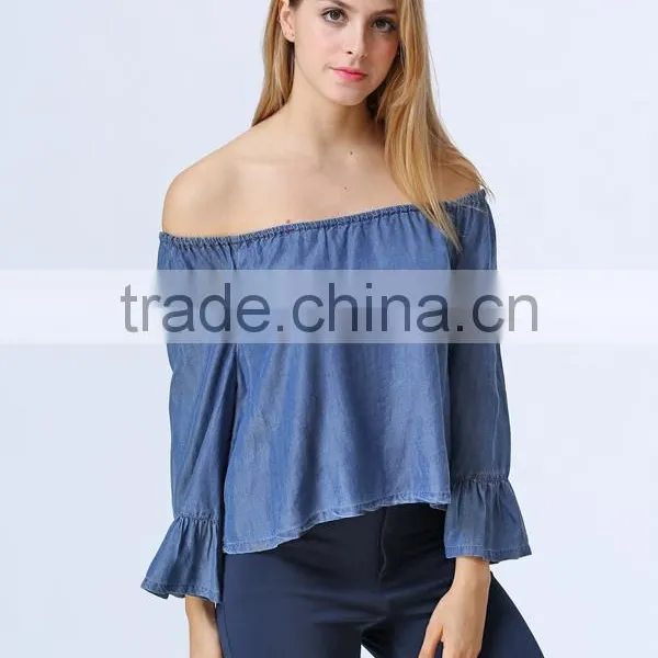 New Design Women Clothing Manufacturers Off Shoulder Denim Blouse For Women photo-2