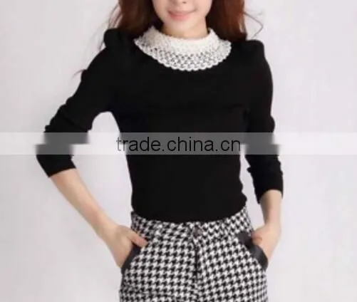 Doll Collar Stitching Lapel Shrug Bubble Sleeve Shirt Women Sweater photo-3