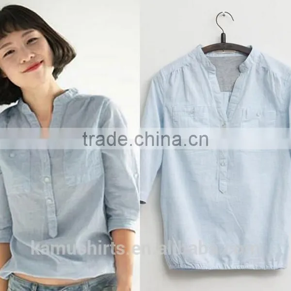 Fashion Latest Design v Collar Half Sleeve Woman Shirts Blouse Lady Denim Tops