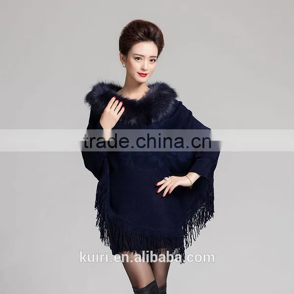 Personality Top Quality Luxury Cashmere Women Shawl Pashmina With Faux Fox Fur Trim Collar Tassel Poncho photo-6