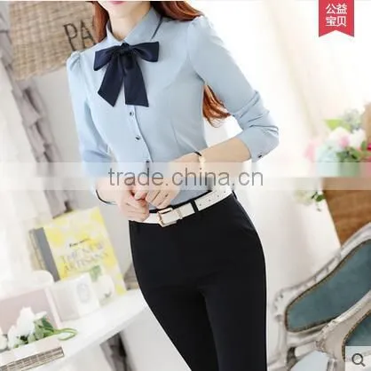 2016 New Style Women Fashion Long Sleeve Blue Shirt Ladies Office Formal White Shirt photo-3
