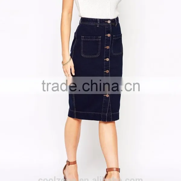 Latest Skirt Design Button Through Denim Skirt Lady Midi Skirt photo-2