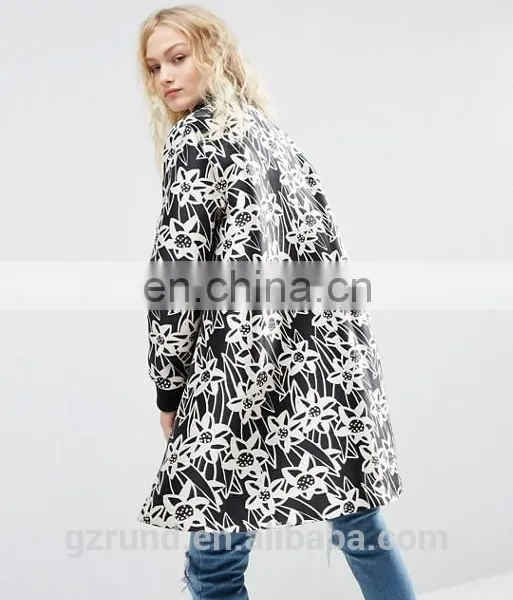 China Supplier Wholesale OEM ODM New Fashion Lady Winter Coat, Black and White Print Floral Satin A- Line Coat With Rib Detail photo-4