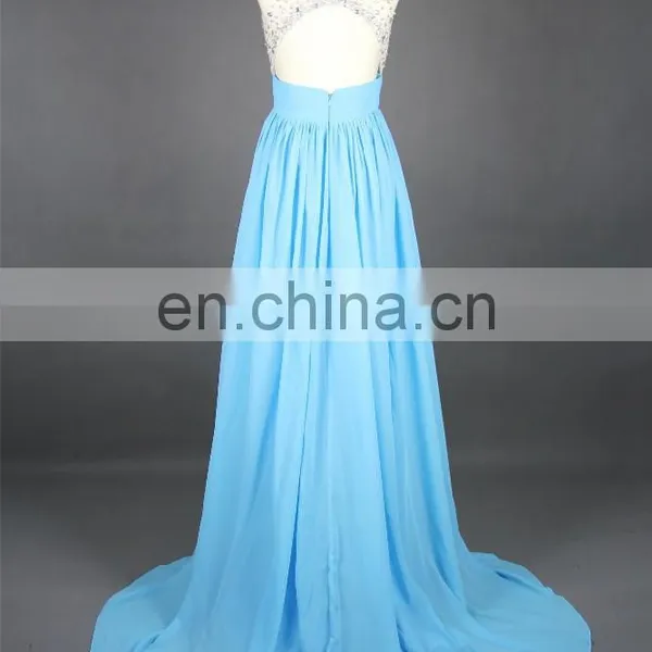 New Arrival Evening Gown Chiffon Beaded See Through Nude Back High Neck Key Hole Open Back Light Blue Formal Long Evening Dress photo-4