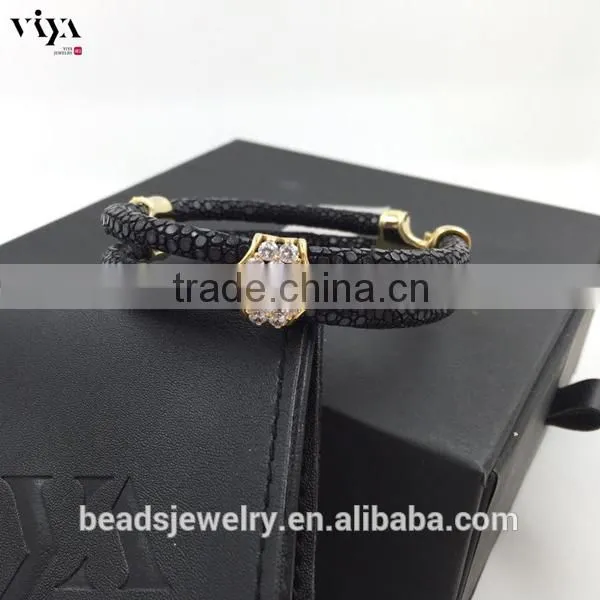 2016 Wholesale Luxury Stingray/ Python Leather Crystal Bracelet With Silver Cuff Jewelry photo-5