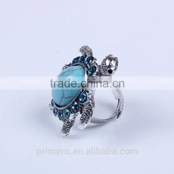 New Hot Tibetan Silver Blue Turquoise Gem Rhinestone Crystal Tortoise Finger Ring Jewelry Wholesale photo-2