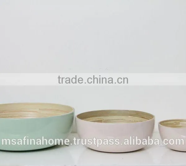 Set of 3 Round Colored Lacquer Bamboo Salad Bowls photo-2