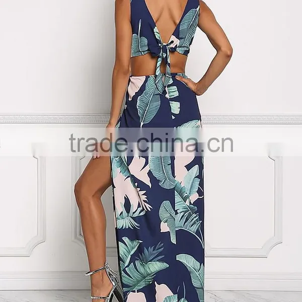 Navy Tie Back Leaf Print Women Maxi Long Party Dress Girls Without Dress Sex Picture HSd5187 photo-6