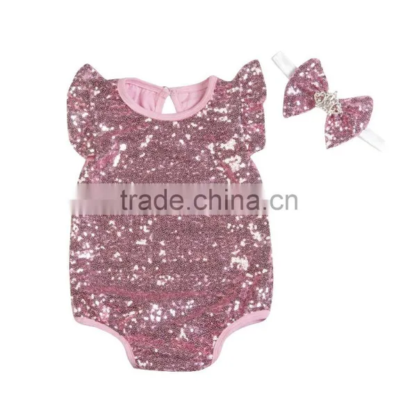 100%organic Cotton Wholesale Baby Sequins Romper Short Sleeve Cotton Baby Rompers photo-4