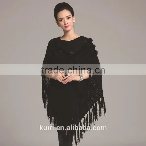 New 2015 Women Genuine Rabbit Fur Shawl Black Good Quality Real Fur Poncho Female Fashion Fur Shawl With Tassel photo-2