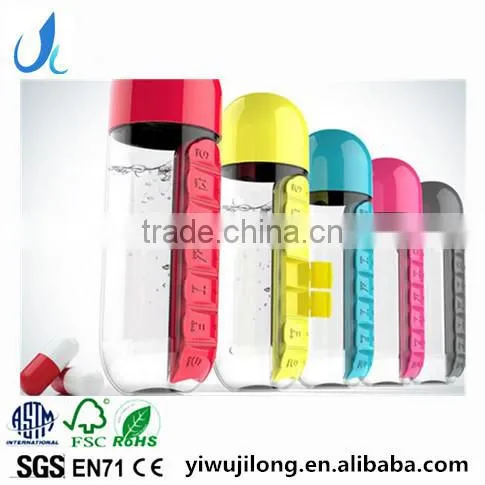 Plastic Sports Water Shaker With Pill Box One Week Pill Organizer Drinking Bottle