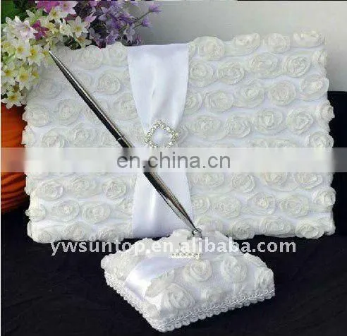 White Rose Design Satin Wedding Guest Book and Pen Set Wholesale