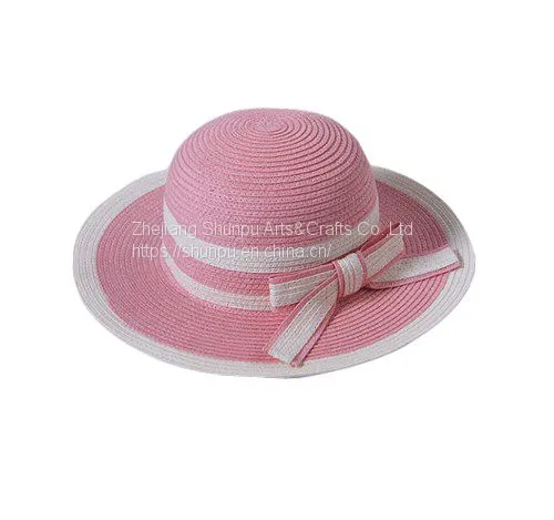 Pink White Lovely Kids Paper Straw Hat With Bow