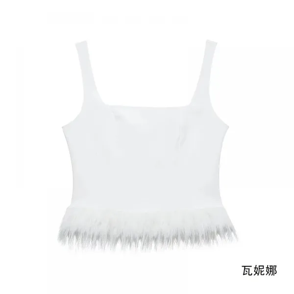 New Style European and American Style Solid Color Feather Trim Stretchy Bodycon Halter Top photo-2