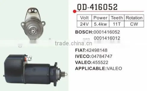 Valeo Starter Motor 455522 Iveco 04784747 Fiat 42498148 Woodauto STR22057 Bosch 0-001-416-052