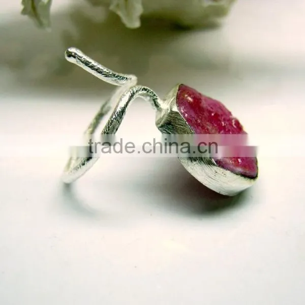 Ruby Raw Gemstone Ring, Red Ruby Rough Gemstone Ring, Natural Ruby Sterling Silver Matt Finish Ring photo-2