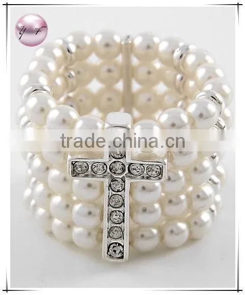 Silver Tone Cream Synthetic Pearl Cross Stretch Ring