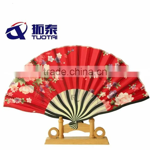 Red Basic Colour With Flower Pattern Wave Bamboo Fan