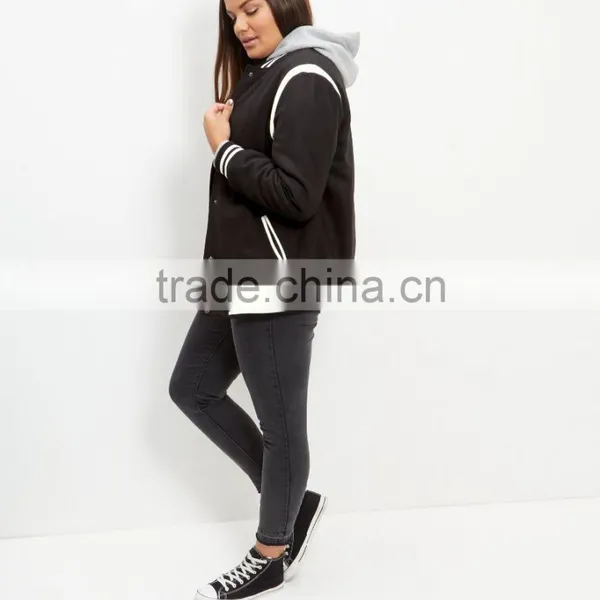 Plus Size Clothing Manufacturer Wholesale Black Stripe Trim Bomber Varsity Jacket Plus Size photo-2