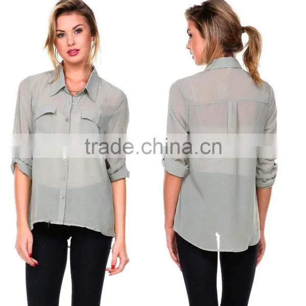 Latest Women Long Sleeve Loose Chiffon Casual Tops Button Down Shirt Ladies Blouse photo-4