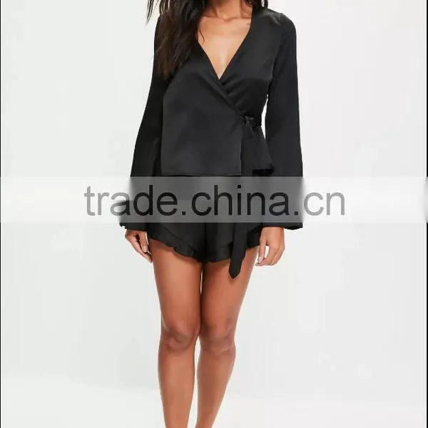 Women V Neck Wrap Pajamas With Private Label Black Long Sleeve Satin Pyjamas Set With Frilled Shorts photo-2