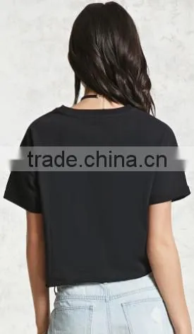 2017 Women Short Sleeve Fashion Cotton Numbers Printed Tshirt Hem Curling OEM Service photo-3