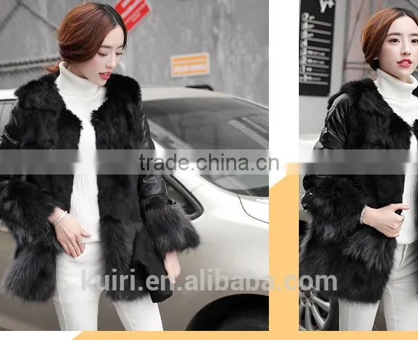 2016 Luxury Genuine Natural Fox Fur Coat Jacket Rabbit Fur Patchwork Winter Women Fur Leather Outerwear Coats Plus Size photo-3