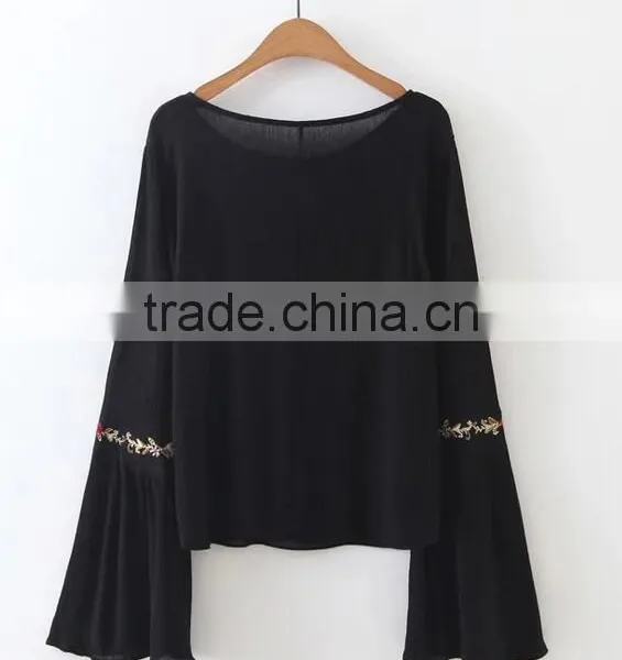Runwaylover EY2366B Ladies Fashion Flare Sleeve Embroidery Blouse photo-4