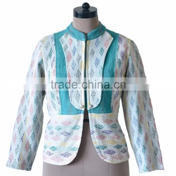 Vintage Kantha Jacket in Cream & Green Color ~ Extra Large photo-2