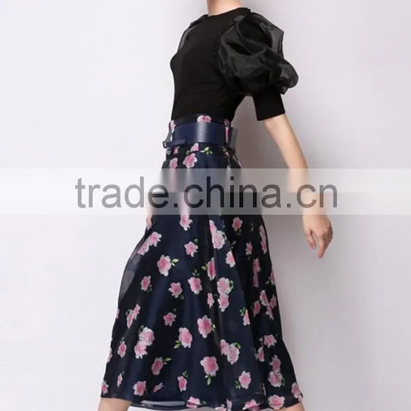 100% Polyester Sweet Floral Midi A-Line Bubble Skirt photo-5