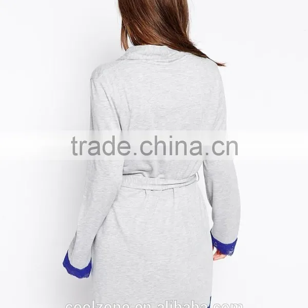 Open Front Design Lightweight Bath Robe,women Lace Trim Robe With Self-tie Belt photo-3