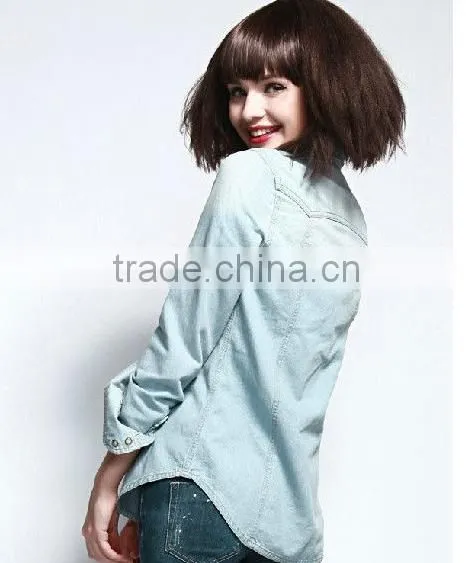 Popular 100% Cotton Washed Denim Cowboy Long Sleeve Shirt for Women photo-2