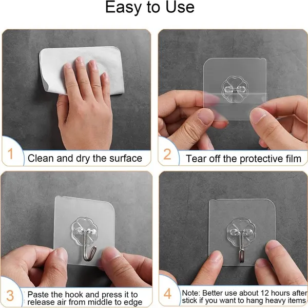 Adhesive Hooks, Sticky Hooks, Transparent Reusable Removable Adhesive Hooks for Hanging, Wall Hooks for Hanging Can be Use for Kitchen Bathroom Shower Outdoor Home Improvement photo-5