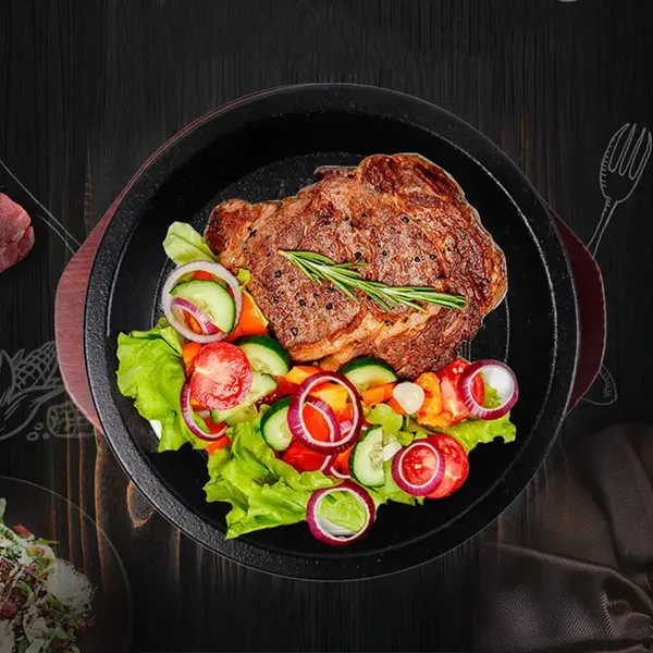 Wholesale Cookware Sets Round Sizzling Plate Fajita Teppanyaki Pan 24cm Black Cast Iron Steak Plate With Wooden Base photo-5