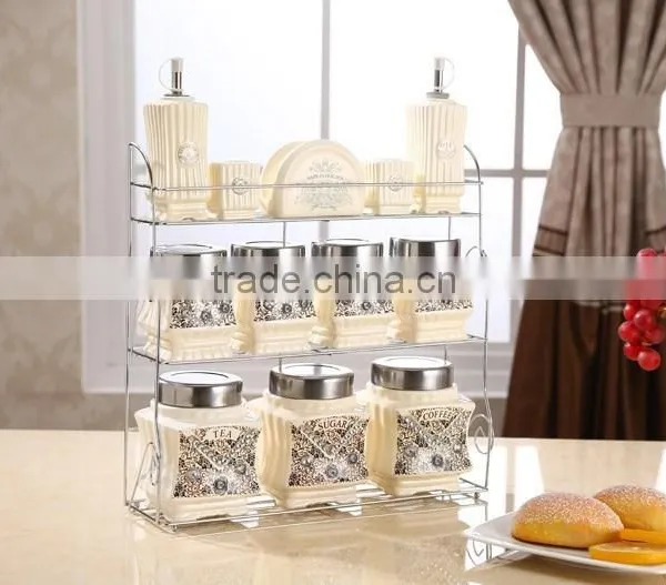 Kitchenware Food Storage Ceramic Canister Set With Metal Stand photo-2