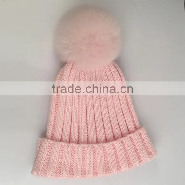 Myfur Baby Pink Bright Wool Knit Hat Wholesale With Real Fox Fur Pom Pom photo-2
