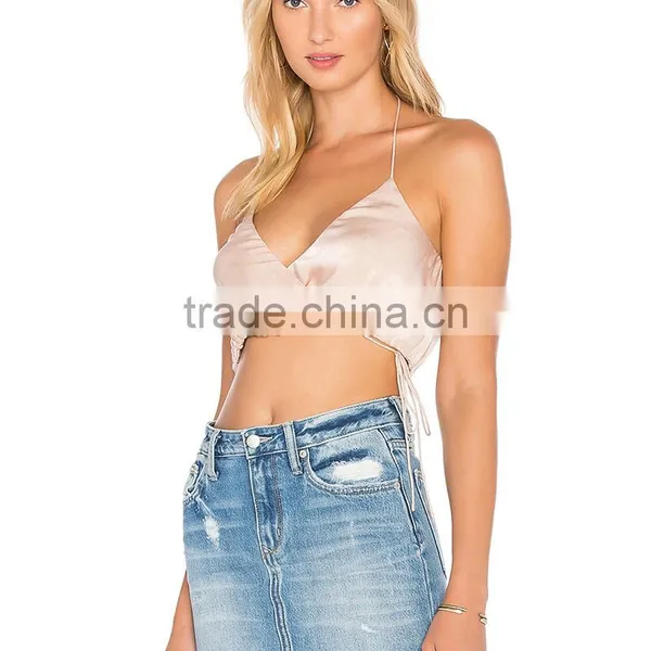Drawstring Wrap Over Satin Camisole for Women Latest Halter Neck Crop Top photo-5