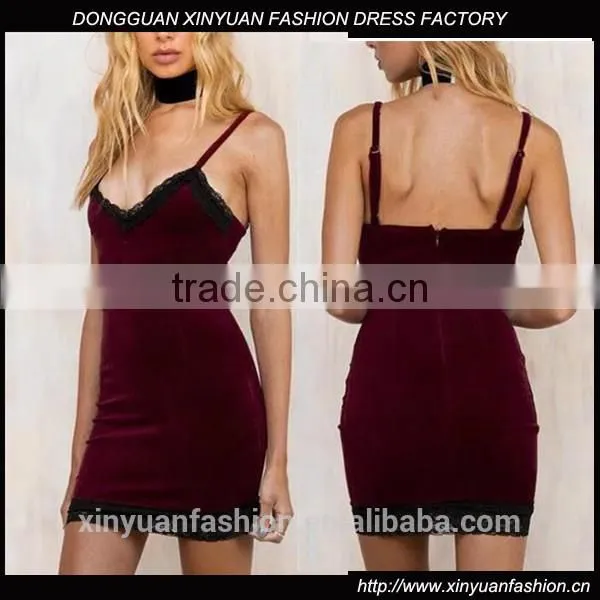 Hot Women Sexy Tight Velvet Dress Ladies Deep v Neck Sexi Dress Lace Design