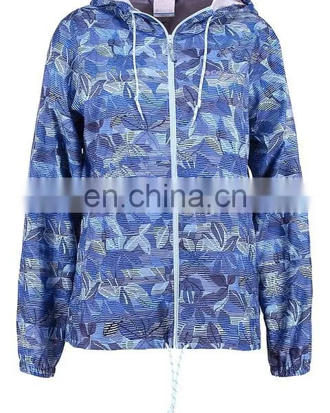 Blue Hooded Printed Women Custom Windbreaker Jacket photo-6