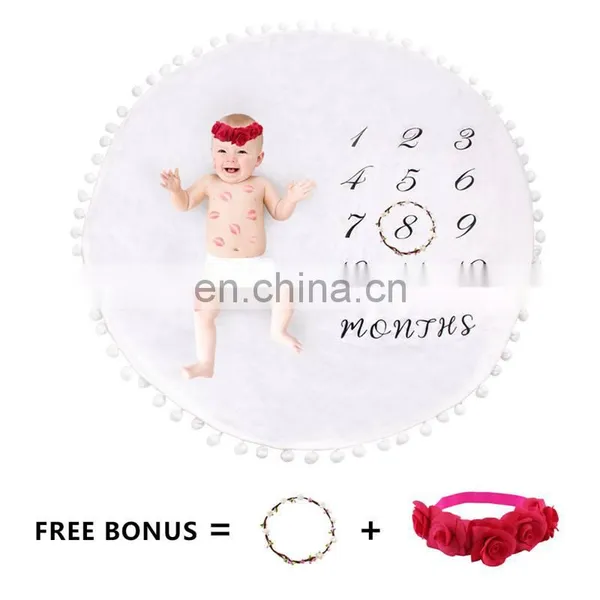 Brand New Baby Monthly Milestone Blanket With Felt Headband Wreath Pom Pom Ball Thick Flannel Fleece Round Rug Balnket photo-3