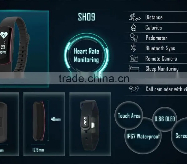 2016 Hot Selling Wholesale Sh09 Smart Bracelet , Waterproof Smart Bracelet SH09 With Heart Rate Monitor