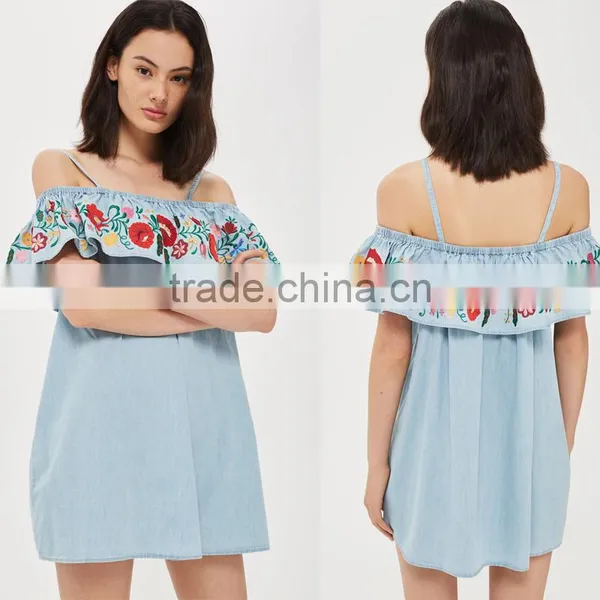 Denim Blue Embroidered New Pattern Clothes off Shoulder Short Jeans Dress Women photo-2